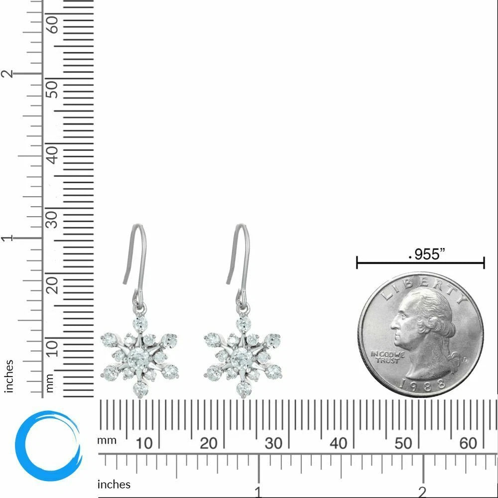 925 Sterling Silver Cubic Zirconia Snowflake Dangle Earrings with Fish Hook
