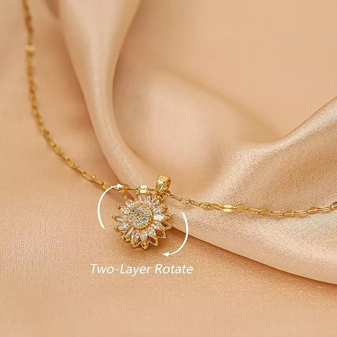 Women Sunflower Fidget Necklace Pendant Rotating Heart Necklace Spinning Crystal