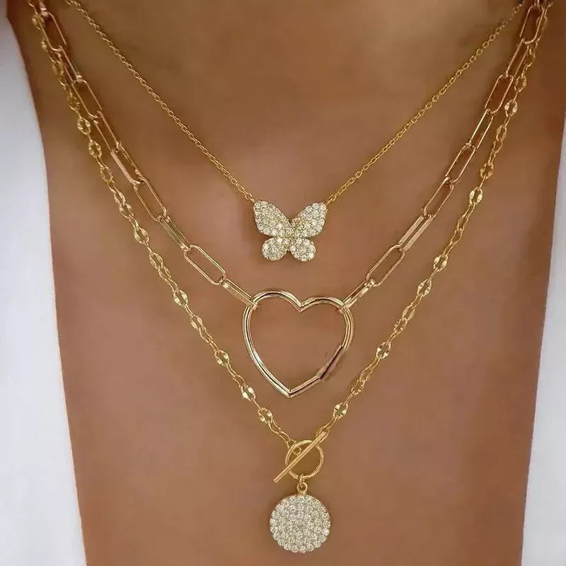 Multi-Layer Butterfly Heart Necklace Trendy Chunky Women Fashion Jewelry 12-10