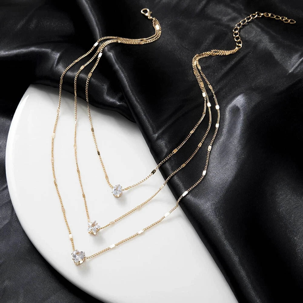 Women's Gold-Toned Multi-Layered Necklace - Crystal Zircon Accents, 16"