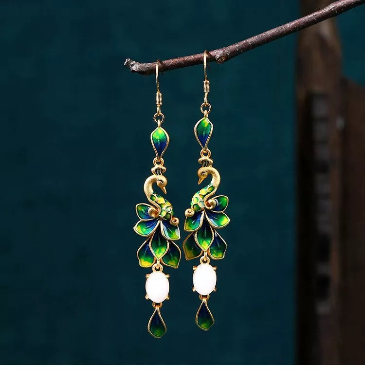 Jade Drop Dangle Earrings Peacock Cloisonne Bohemian Ear Hook 18K Gold Plated
