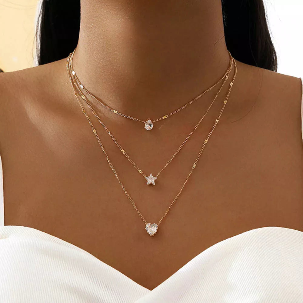 Women's Gold-Toned Multi-Layered Necklace - Crystal Zircon Accents, 16"
