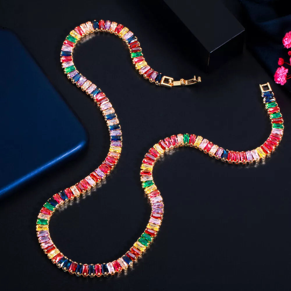 Sparkling Rainbow Cubic Zirconia Gold Plated Tennis Necklace Women Party Jewelry