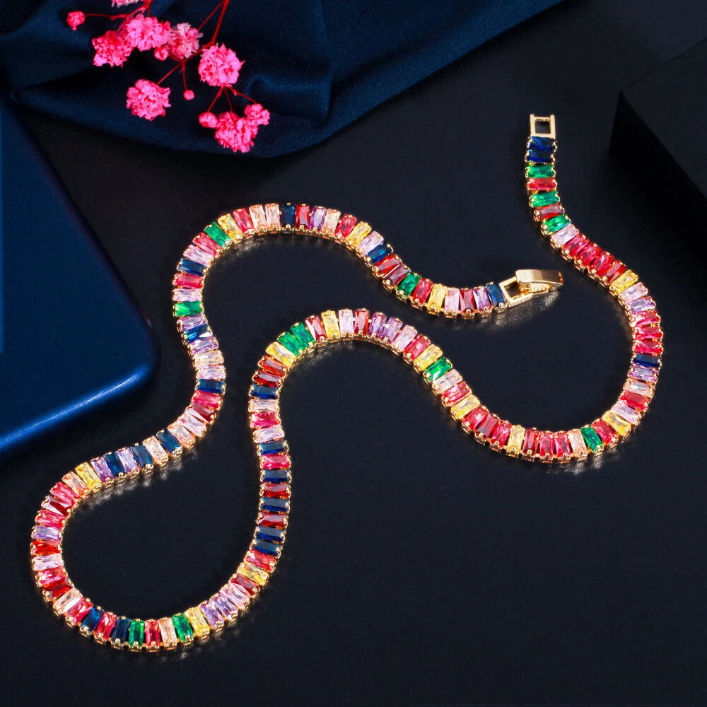 Sparkling Rainbow Cubic Zirconia Gold Plated Tennis Necklace Women Party Jewelry