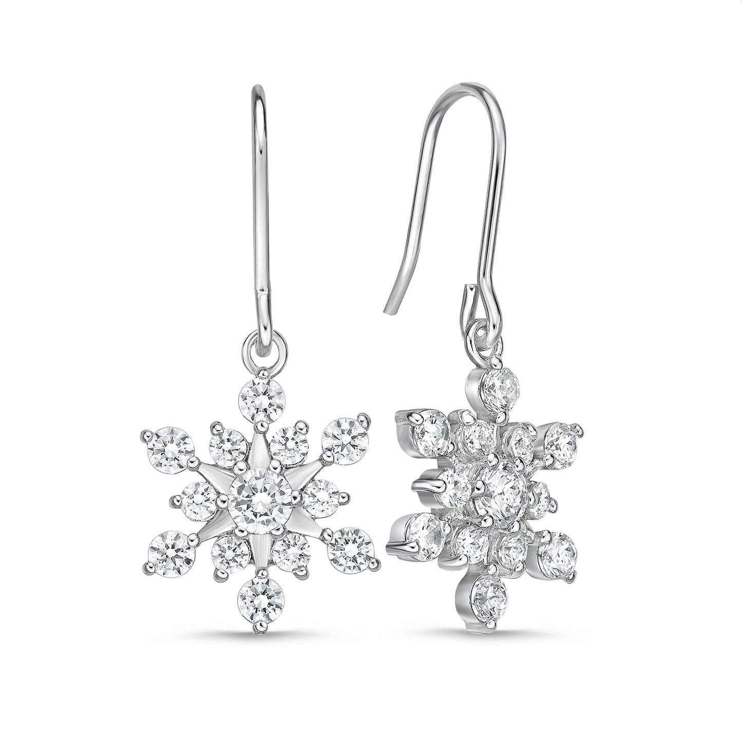925 Sterling Silver Cubic Zirconia Snowflake Dangle Earrings with Fish Hook