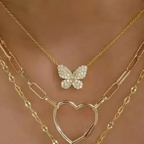 Multi-Layer Butterfly Heart Necklace Trendy Chunky Women Fashion Jewelry 12-10