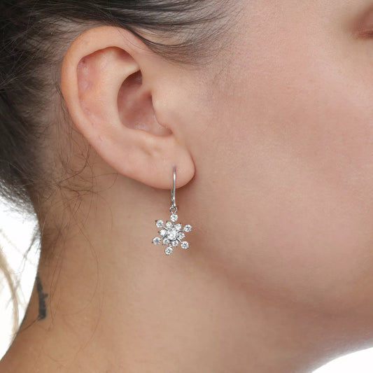 925 Sterling Silver Cubic Zirconia Snowflake Dangle Earrings with Fish Hook