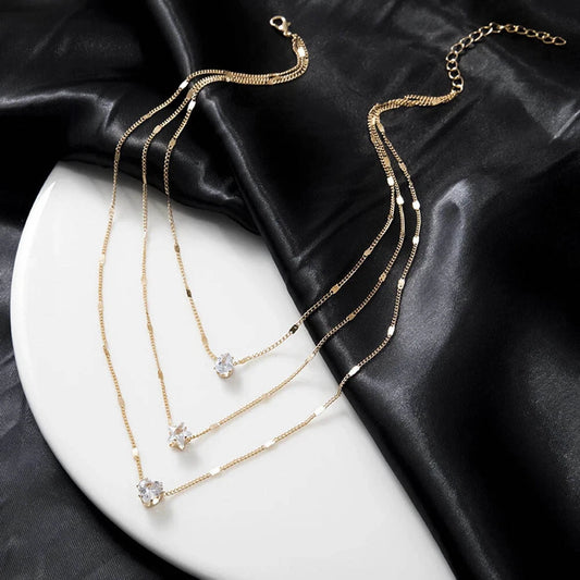 Women's Gold-Toned Multi-Layered Necklace - Crystal Zircon Accents, 16"