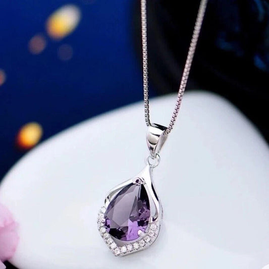 Crystal Amethyst Pendant Chain Necklace 925 Sterling Women's Silver -HOT..