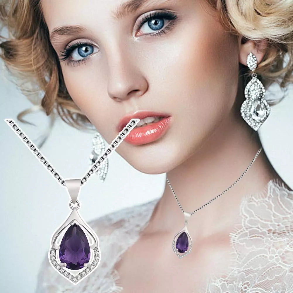 Crystal Amethyst Pendant Chain Necklace 925 Sterling Women's Silver -HOT..