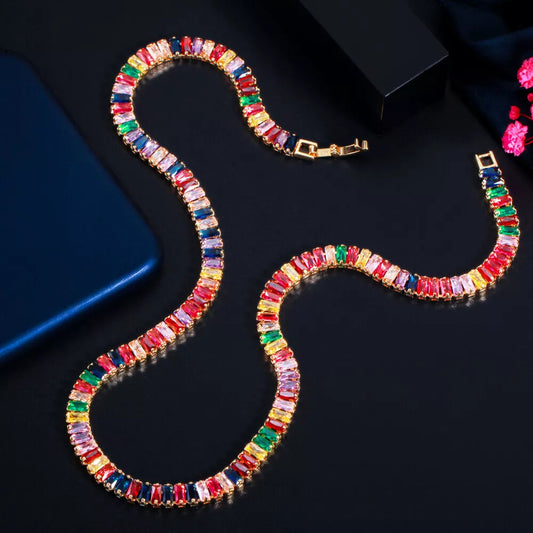 Sparkling Rainbow Cubic Zirconia Gold Plated Tennis Necklace Women Party Jewelry
