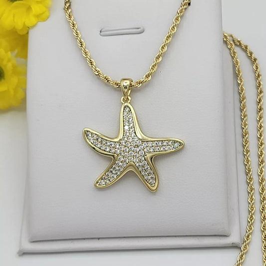 14K Gold Plated Shiny Icy Starfish Pendant & Chain Necklace. Women Girl Jewelry