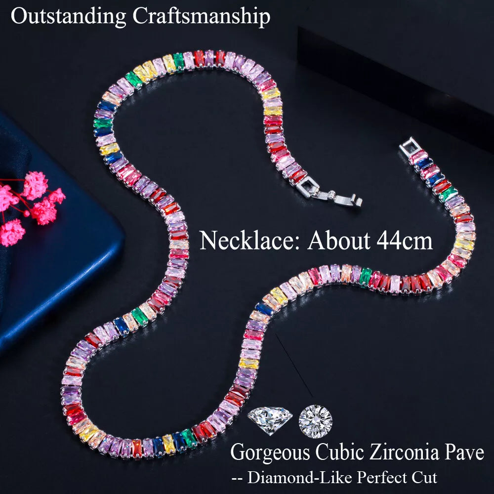 Sparkling Rainbow Cubic Zirconia Gold Plated Tennis Necklace Women Party Jewelry