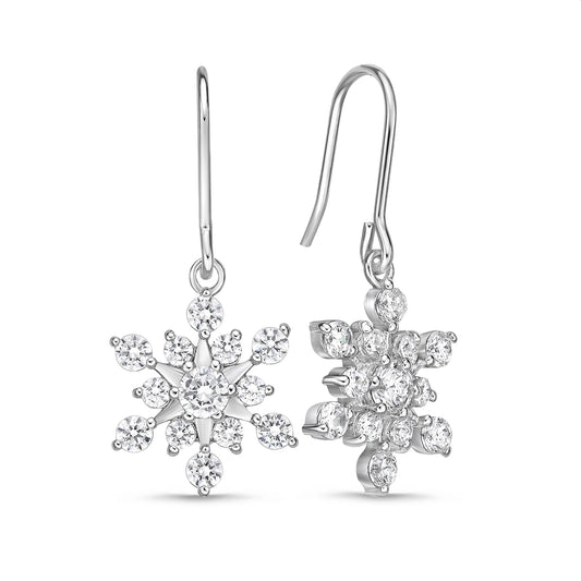 925 Sterling Silver Cubic Zirconia Snowflake Dangle Earrings with Fish Hook