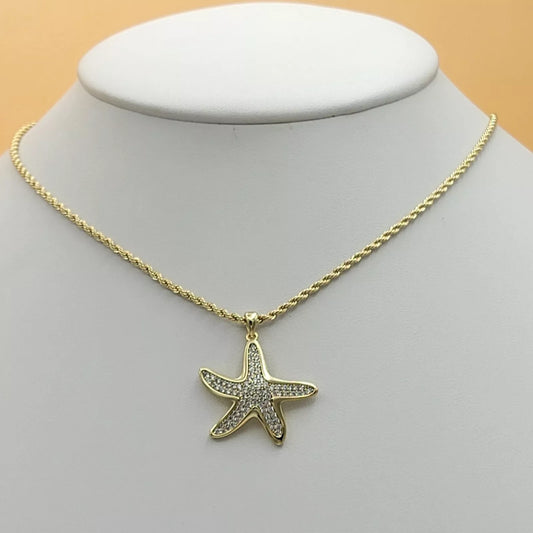 14K Gold Plated Shiny Icy Starfish Pendant & Chain Necklace. Women Girl Jewelry