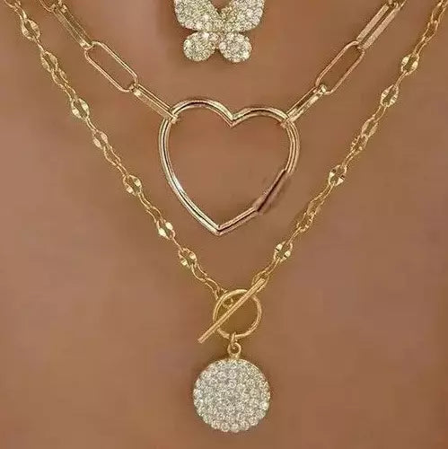 Multi-Layer Butterfly Heart Necklace Trendy Chunky Women Fashion Jewelry 12-10
